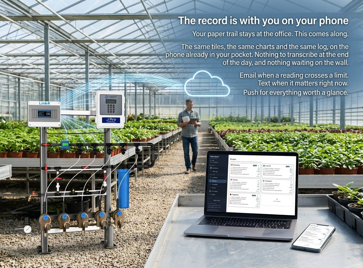 A Pearl iDoser direct injection skid in a commercial greenhouse, a grower walking the aisle behind it, with the iDoser console open on a laptop and a phone on the bench